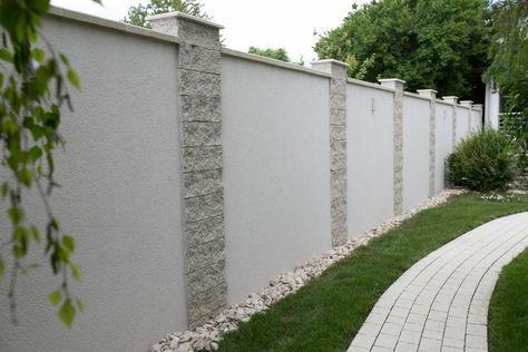 Screen Walls Outdoor, Home Compound Wall Designs, Wall Fence Design Brick, Concrete Fence Design, Stucco Fence Wall, House Wall Decor Ideas, Concrete Fence Wall, Boundry Wall, Wall Outside