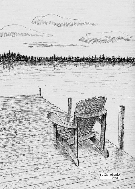 Dock Tattoo, Dock Tattoos, Dock Drawing Simple, Dock Drawing, Dock Illustration, Dock Paintings, Scene Tattoo, Dock Of The Bay, Lake Dock