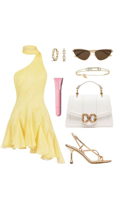 #dress #summer #yellow #aesthetic #primavera Blair Waldorf Aesthetic Summer, Classy Yellow Outfit, Fun Vacation Outfits, Yellow Dress Accessories Jewellery, Yellow Clothing Aesthetic, Wag Outfits Style, Yellow Outfits Aesthetic, Brunch Dress Outfit, Summer Outfit Collage