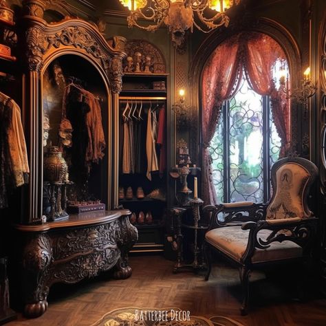 Gorgeous Gothic walk-in closet and vanity. Gothic Closet Aesthetic, Gothic Closet Room, Victorian Closet Ideas, Victorian Vanity Aesthetic, Dark Academia Walk In Closet, Gothic Walk In Closet, Goth Walk In Closet, Gothic Dressing Room, Victorian Walk In Closet