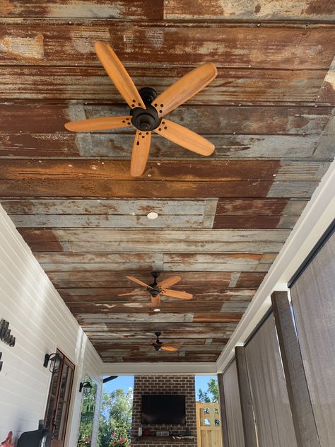 Old Tin On Ceiling, Tin Ceiling Lighting Ideas, Tin Decorating Ideas Farmhouse, Old Tin Under Porch Roof, Repurposed Tin Ceiling Tiles, Tin Roof Bedroom, Reclaimed Tin Ceiling, Tin Ceiling Ideas Rustic Bedroom, Redo Ceiling Ideas