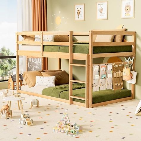 Amazon.com: TOLEAD Low Bunk Bed Twin Over Twin, Floor Bunk Bed with Ladder, Twin Bunk Bed with Full Guardrails, Wooden Bunk Bed for Juniors, Boys, Girls, Kids, Bedrooms (Natural) : Home & Kitchen Twin Bunk Bed Ideas For Small Room, Boys Room With Bunk Beds, Short Bunk Beds, Floor Bunk Beds, Boys Bunk Beds, Toddler Bunk Bed, Full Over Full Bunk Beds, Full Size Bunk Beds, Toddler Bunk Beds