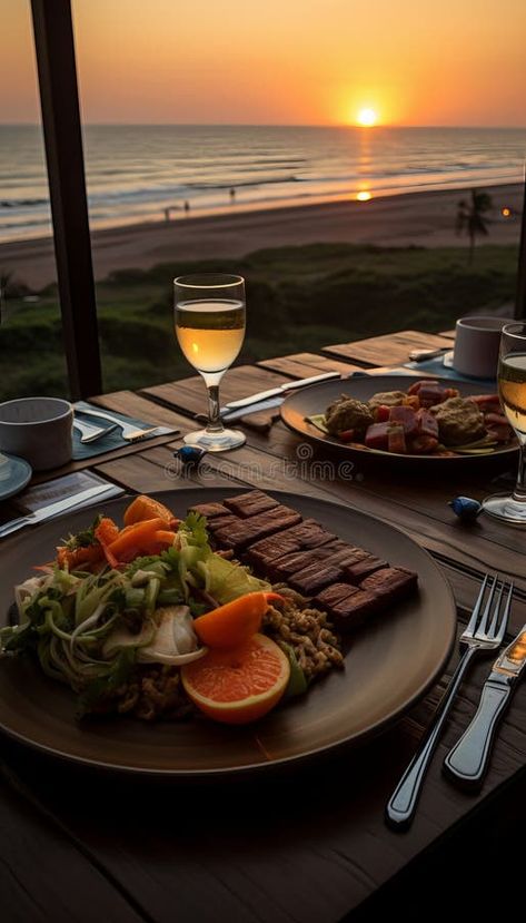 Fine dining with a view of the beach and the sunset in the background. stock photography Beach Side Restaurant, Fine Dining Photography, Beachside Restaurant, Restaurant Salad, Salad Vegetables, Restaurant Photography, Beach Side, Background Photo, Beach View