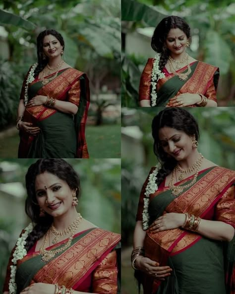 Maternity Indian Photography, Maternity Photography Saree Poses, Saree Maternity Photoshoot, Seemantham Photo Poses, Indian Pregnancy Photoshoot, Baby Shower Saree Indian, Traditional Pregnancy Photoshoot, Godh Bharai Outfit, Godh Bharai Outfit Indian