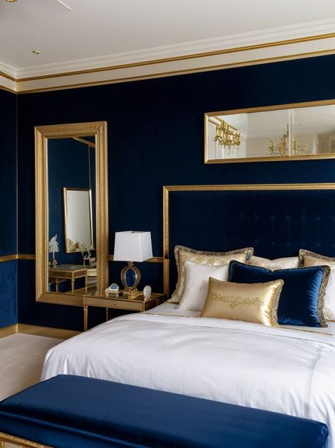 Decorating Bedroom Ideas, Blue Velvet Headboard, Royal Bedroom Design, Royal Blue Romper, Royal Bedroom, Stylish Bedroom Design, Gilded Mirror, Velvet Headboard, Satin Bedding