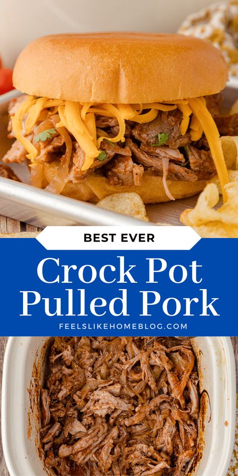 Easy Crock Pot Pulled Pork Loin - Feels Like Home™ Crockpot Pork Loin Pulled Pork, Pulled Pork In Crock Pot Slow Cooker, Crockpot Pork Loin Roast Slow Cooker, Pulled Pork Crock Pot Recipes Pork Loin, Pulled Pork From Pork Loin, Pulled Pork Tenderloin Crock Pot Recipes, Pork Loin Rib Roast Recipes Crock Pot, Pulled Pork With Pork Loin, Shredded Pork Loin Recipes Crockpot