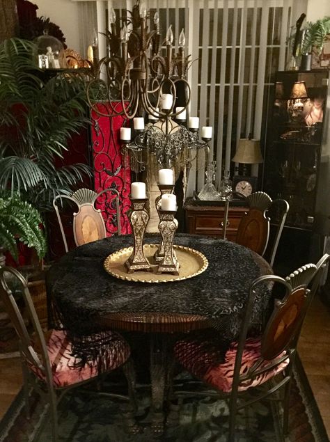 Gothic Dining Room Aesthetic, Small Goth Dining Room, Gothic Dining Table Decor, Gothic Dinning Room Ideas, Goth Dining Table, Dark Vintage Dining Room, Victorian Gothic Dining Room, Dark Academia Dining Table, Whimsical Goth Kitchen