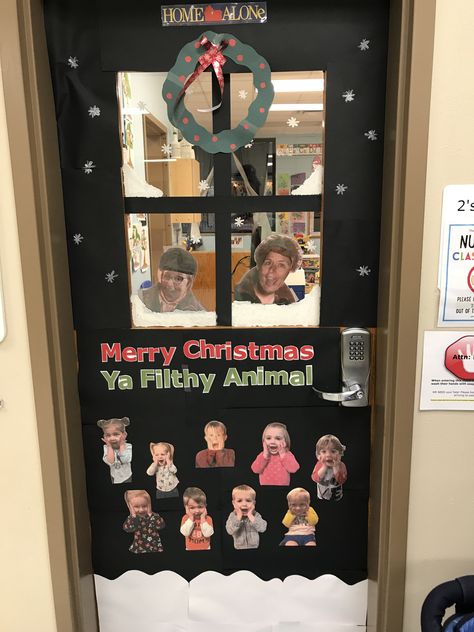 Christmas Door Decorating Contest School With Window, Social Work Christmas Door, Home Alone Decorations Classroom, Infant Room Christmas Bulletin Board, Christmas Movie Bulletin Board, Home Alone Bulletin Board Ideas, Home Alone Door Decorations For School, Home Alone Classroom Door Decorations, School Christmas Door Decorating Contest