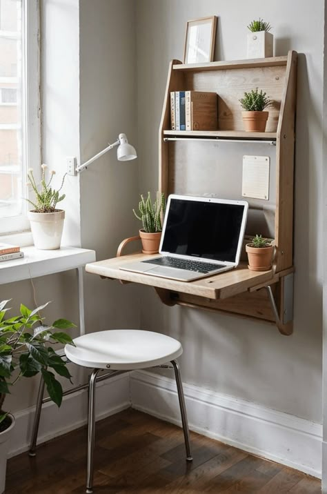 22 Smart Ideas & Organization for Small Bedroom (Looking Bigger + Tricks + Maximise Space) Space Saving Workspace, Small Studio Desk, Desk On Living Room, Small Bedroom Ideas Desk, Making The Most Of Small Spaces, Small Desk Space Ideas, Compact Desk Small Spaces, Small Bedroom With Desk Ideas, Small Space Desk Ideas