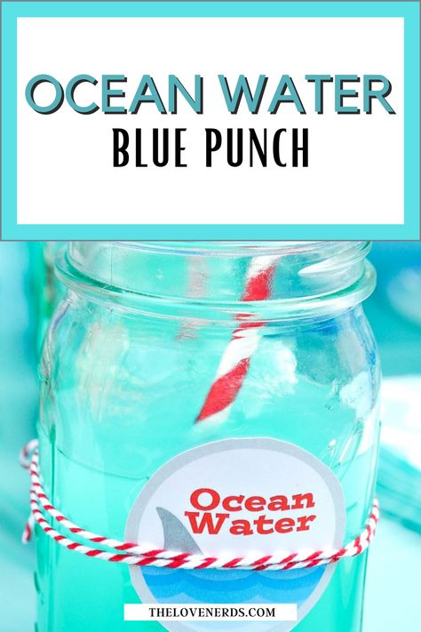 A simple yet flavorful Ocean Water Blue Punch! This large batch punch recipe is the perfect addition to any blue colored parties, such as a summer shark party! Blue Ocean Water Drink, Blue Hawaiian Punch Recipe Alcohol, Blue Alcoholic Punch Recipes For A Crowd, Pond Water Punch Recipe, Blue Punch For Kids, Ocean Water Alcoholic Drink, Teal Punch Recipe, Ocean Water Drink Recipe, Blue Rum Punch