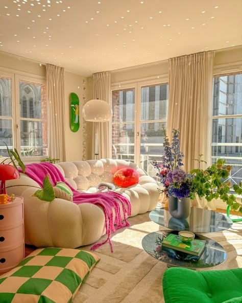 The sun is shining in @interiorbytim's dopamine decor filled apartment 🪩💫 This colorful home is the perfect marriage of contemporary accents and traditional French architecture, and we can't get enough. #dopaminedecor #colorfulhome #apartmentliving #apartmentinspo #myrealhome Colorful Maximalism, Solo Apartment, Uni House, Vibrant Living Room, Colorful Apartment, Random Places, Dopamine Decor, Dream Apartment Decor, Studio Flat