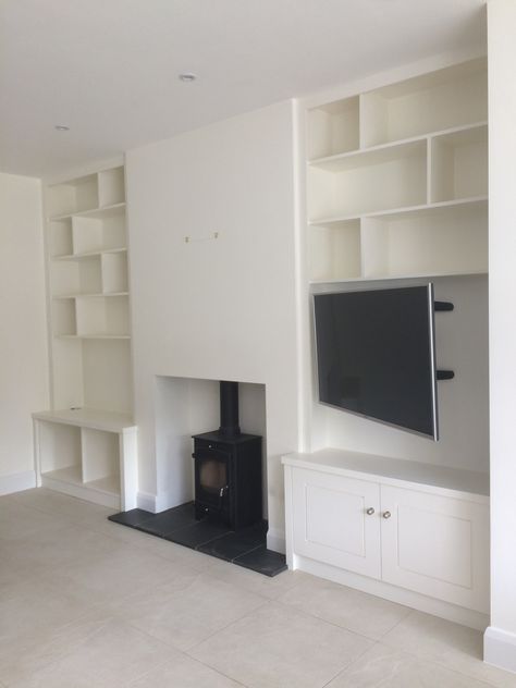 Tv Unit Ideas Living Room Alcove, Alcove Shelves With Tv, Alcove Storage Tv, Tv Wall Alcove, Built In Tv Cabinet Alcove, Alcove With Tv And Shelves, Tv Cabinet Alcove, Tv In Shelves, Log Burner On Flat Wall