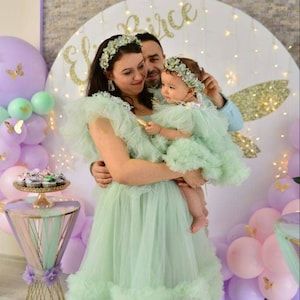 Mom Daughter Outfits Birthday, Mother Daughter First Birthday Dress, Mother Daughter Dresses Matching Birthday, Mom And Daughter Birthday Dress, Mom N Daughter, Mother Daughter Matching Dresses, Ruffle Tulle Dress, Neon Pink Dresses, Bday Outfits