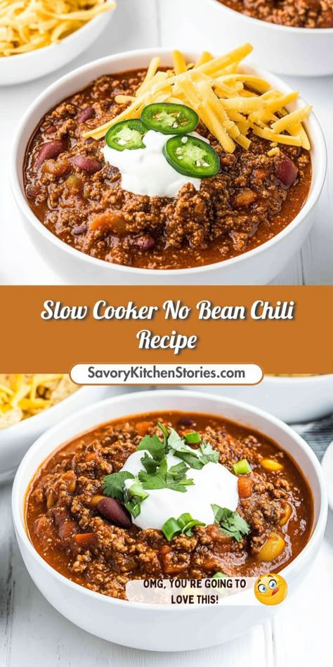 Craving a delicious chili without the hassle? This Slow Cooker No Bean Chili Recipe brings rich flavors to your table with minimal effort! It’s perfect for busy weeknights or cozy gatherings. Don’t forget to save it for your next chili night! Chili Beans Crockpot, Chilli Recipe Crockpot, Winter Crockpot Recipes, No Bean Chili Recipe, Quick Chili Recipe, Easy Chili Recipe Crockpot, Chili Without Beans, Slow Cooker Chili Easy, Easy Chilli