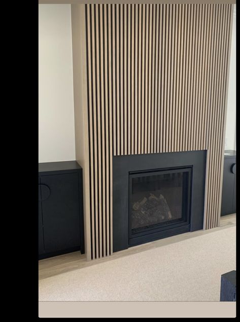 Wall Slat Fireplace, Slatted Wood Fireplace, Wood Slat Fireplace Surround, Wood Slat Accent Wall Fireplace, Panelled Fireplace Wall With Tv, Fluted Panel Fireplace, Wood Plank Fireplace Wall Living Room, Vertical Wood Slat Fireplace, Slated Wall Fireplace