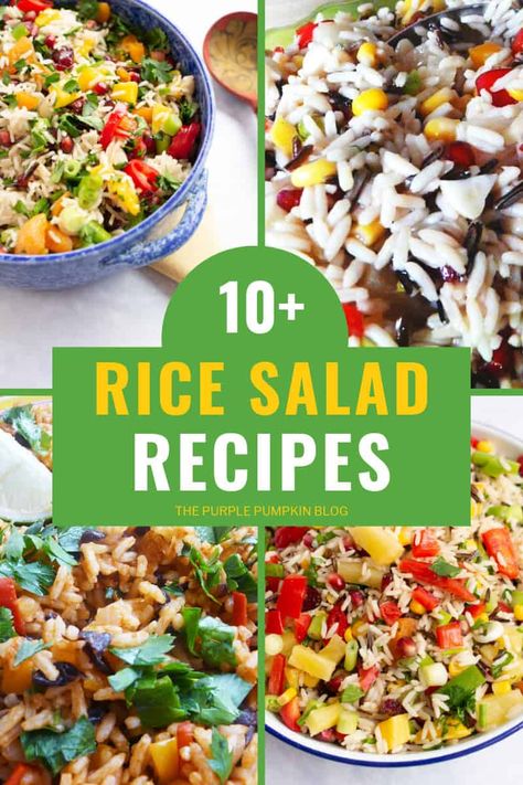 Looking for Rice Salad Recipes? Here is a delicious selection for you to browse through and prepare at home. Whether you are looking for a side salad or a main dish recipe, there are cold, and warm rice salads using a range of different types of rice - basmati, long-grain, and wild - and a variety of tasty ingredients for you to enjoy! #RiceSaladRecipes #RiceSalads #Recipes #SaladRecipes #ThePurplePumpkinBlog #RiceDishes #RiceRecipes Leftover Rice Salad Recipes, Rice Based Salads, Basmati Rice Salad Recipes, Cold Rice Salads Summer, Rice Salad Recipes Cold Healthy, Rice Salads For Parties, Summer Rice Salad Recipes, Rice Salads Summer, Cold Rice Recipes