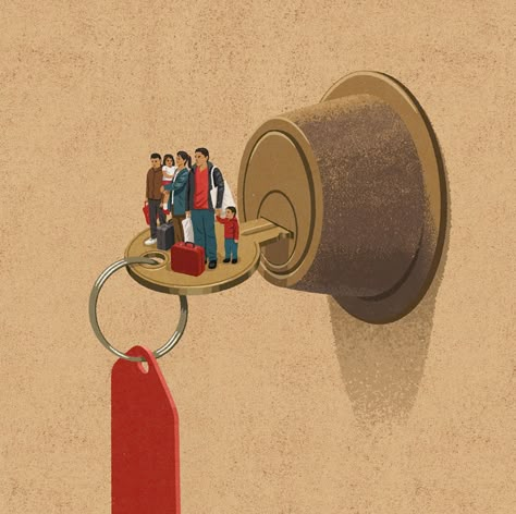 Conceptual illustration by John Holcroft for an Inside Housing magazine feature about asylum seekers being evicted and locks in their homes being changed.   See more at lindgrensmith.com  #conceptualillustration #artworkoftheday #illustrationartists Meaningful Pictures, 광고 디자인, Magazine Illustration, Conceptual Illustration, Simple Illustration, Creative Illustration, Freelance Artist, Illustrations And Posters, Editorial Illustration