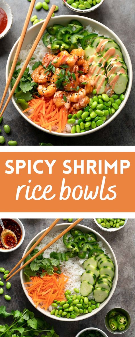 spicy shrimp rice bowls with edamame, cucumber, jalapeno, cilantro, carrots, green onion, and sesame seeds topped with spicy mayo and sriracha Shrimp Bowl Ideas, Poke Bowl Rice, Shrimp Bowls Recipe, Rice Bowls Shrimp, At Home Rice Bowls, Poke Bowl Easy, Fried Shrimp Bowl, Healthy Sushi Bowl, Homemade Sushi Bowl