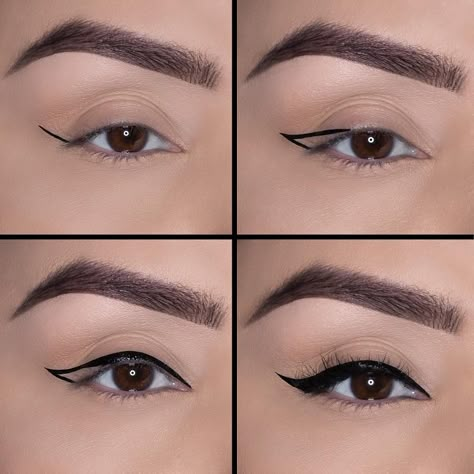 Sharp Winged Eyeliner, Long Eyeliner Wing, Eyeliner Step-by-step, Eye Lining For Beginners, Winged Eyeliner Makeup Look, Simple Winged Eyeliner, Eye Wings, Eye Lining, Different Eyeliner Styles