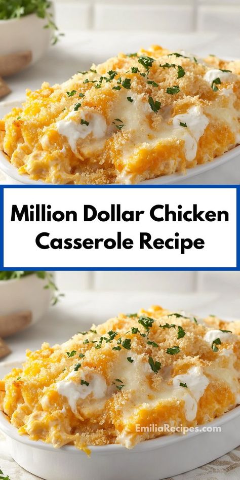 This Million Dollar Chicken Casserole combines tender chicken, creamy sauce, and a crunchy topping for a comforting dish. Perfect for busy weeknights, it’s a family favorite everyone will enjoy. Million Dollar Chicken Casserole, Easy Casserole Recipe, Million Dollar Chicken, Easy Chicken Casserole Recipes, Yummy Casserole Recipes, Chicken Casserole Recipe, Chicken Casserole Easy, Weeknight Dinner Recipes Easy, Weeknight Dinner Recipe