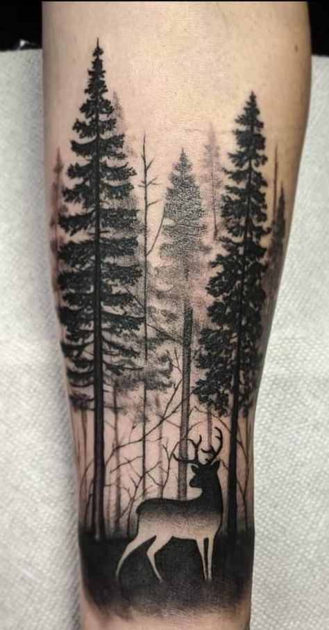 black and white deer in pine forest on forearm tattoo Deer And Forest Tattoo, Black And Grey Forest Tattoo, Womens Wolf Tattoo Ideas, Deer Tree Tattoo, Tree And Deer Tattoo, Forest Deer Tattoo, Outdoor Forearm Tattoo Men, Deer In Forest Tattoo, Forrest Arm Tattoo