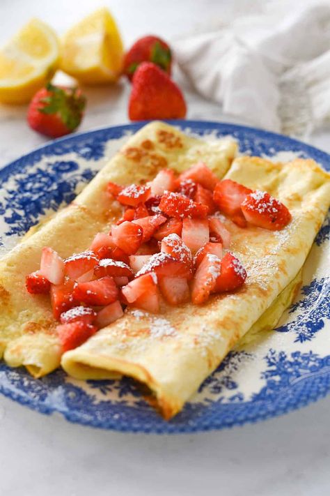 Swedish Pancakes for One are light and tender and come together in minutes. Top them with your favorite fresh berries, a squeeze of lemon juice and a dusting of powdered sugar. Swedish Pancakes Recipe Traditional, Swedish Pancakes Recipe, Pancakes For Two, Pancakes For One, Swedish Pancakes, Breakfast Cake Recipes, Cooking For 1, French Crepes, Just The Two Of Us