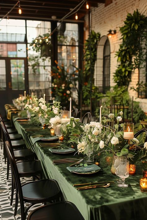 Deep Green Table Setting, Fall Forest Green Wedding, Wedding Decor With Greenery, Wedding Color Dark Green, Green Wedding Glasses, Olive Green Outdoor Wedding, Black White And Green Table Setting, Green Table Cloth Setting, Hunter Green Wedding Table Setting