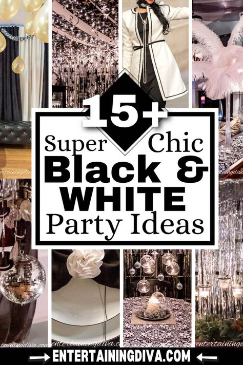 Black And White Aesthetic Decoration, Black Tie Event Food Ideas, Cocktails For Birthday Party, Black And White 50th Birthday Party Decoration, Black And White Christmas Party Theme, Black And White Tie Party, 40th Birthday Black And White, Black And White Party Ideas Birthdays, Black And White 70th Birthday Party