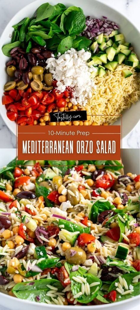 10-Minute Prep Mediterranean Orzo Salad - Tastilly Pasta Salad Bacon, Mediterranean Orzo Pasta, Mediterranean Orzo Pasta Salad, Orzo Pasta Salad Recipe, Mediterranean Orzo Salad, Kale Salads, Salad Bacon, Mediterranean Orzo, Mediterranean Recipes Healthy