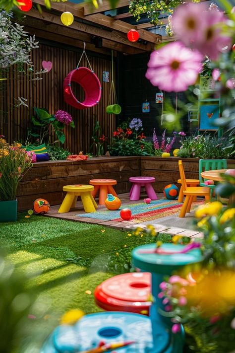 Small Courtyard Play Area, Small Outdoor Playground, Kids Garden Ideas Play, Backyard Play Area Landscaping, Imagination Play Ideas For Kids, Children’s Garden Idea, Small Garden For Kids, Small Playground Ideas, Small Garden Play Area Ideas