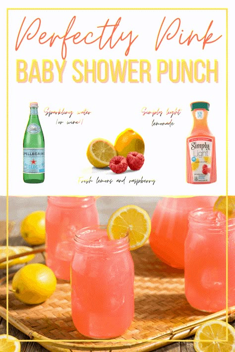 A low-sugar, low-calorie, pink lemonade recipe that's perfect for a baby shower! Plus- can be made with wine instead of sparkling water! Baby shower food recipe, baby shower punch, gender reveal punch Finger Foods For Baby Shower Simple, Pink Baby Shower Punch, Shower Punch, Baby Shower Punch, Baby Shower Drinks, Bebe Shower, Sprinkle Shower, Easy Cook