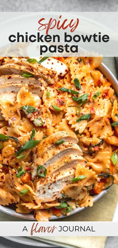 A creamy, spicy chicken pasta recipe with fresh zucchini, bell peppers, tomatoes, and plenty of heat! This spicy chicken pasta makes about three servings and comes together in 45 minutes. The perfect spicy pasta for weeknights or a cozy weekend in! #spicychickenpasta #bowtiepasta via @aflavorjournal Grilled Pasta Recipes, Quick Dinner Pasta Recipes, Pasta Recipes With Peppers, Spicy Bowtie Pasta, Spicy Bow Tie Pasta, Creamy Marinara Pasta Recipes, Salsa Chicken Pasta, Sweet And Spicy Pasta, Spicy Tuscan Chicken Pasta