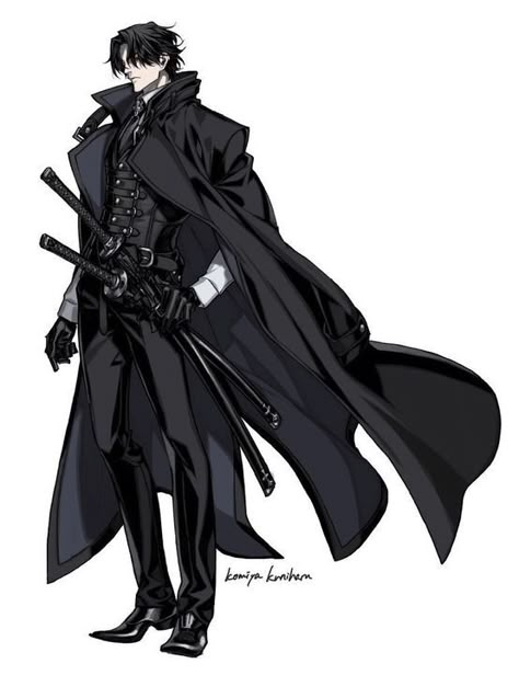 Cape Designs Drawing, Anime Black Clothes, Duke Character Design, Black Swordsman Oc, Swordsman Character Design, Coat Character Design, Cape Drawing References, Swordsman Oc, Cape Illustration