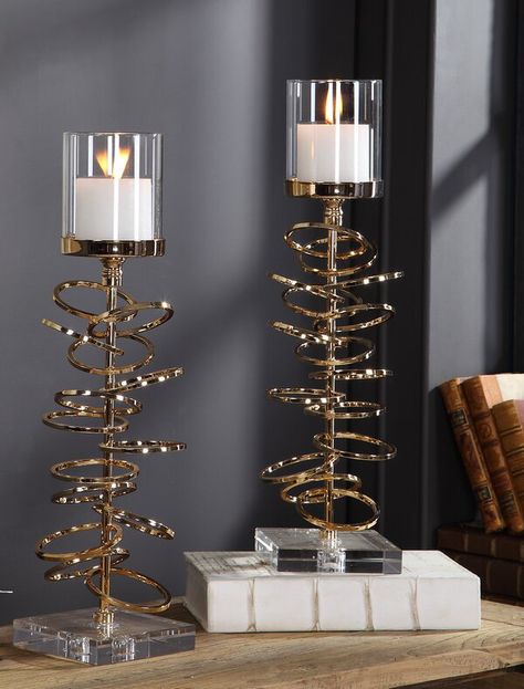 Uttermost Accessories, Gold Candlesticks, Stacked Rings, Iron Candlesticks, Ashley Furniture Homestore, Iron Candle, Glass Candle Holder, Pillar Candle Holders, Candle Holder Set