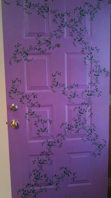 Purple front door with vines Vines Painted On Furniture, Dark Purple Door, Grunge Door Painting, Aesthetic Room Door, Purple Front Door, Painted Bedroom Doors, Colorful Room Decor, Fairytale Decor, Purple Door