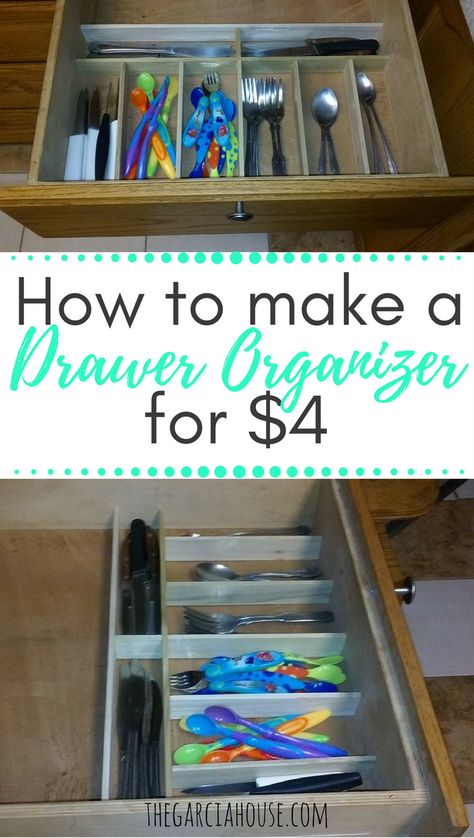 $4 DIY Drawer Organizer Junk Drawer Organization, Small Drawer Organizer, Wooden Drawer Organizer, Diy Drawer Organizer, Junk Drawer Organizing, Wooden Drawer, Drawer Organization, Everything Diy, Diy Drawers