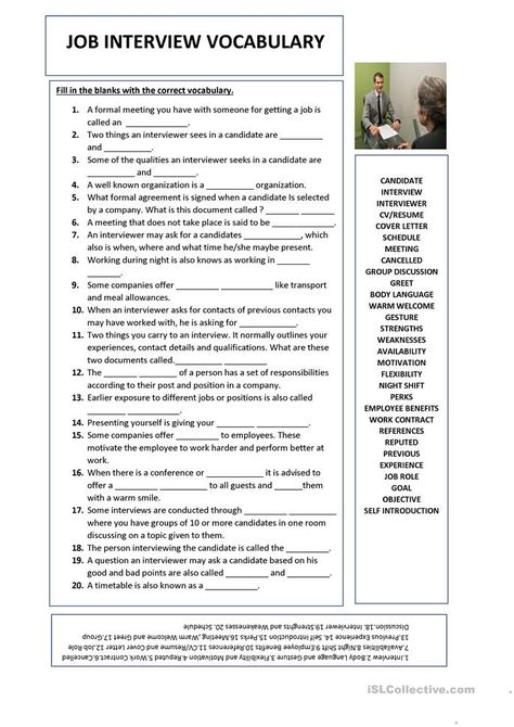 English Learning Plan, Job Interview Worksheet, English For Business, Interview Vocabulary English, Conversation Worksheets English, Interview Vocabulary, Esl Vocabulary Worksheets, Business English Lesson Plans, Interview Conversation In English