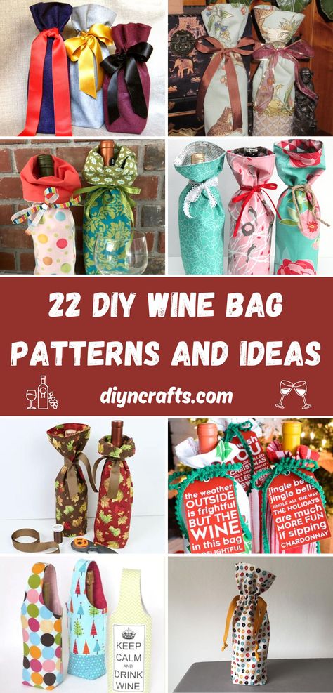 22 DIY Wine Bag Patterns and Ideas Wine Carrier Bag Free Pattern, Wine Bag Sewing Pattern, Wine Bags Ideas Diy Gifts, Wine Gift Bag Ideas, Wine Bag Diy, Fabric Wine Bottle Bag, Wine Bag Pattern, Fabric Wine Bags, Wine Carrier Bag