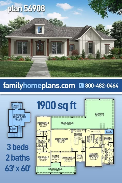 Acadian, Country, European, French Country, Southern Style House Plan 56908 with 1900 Sq Ft, 3 Bed, 2 Bath, 2 Car Garage Ada House Plans Open Floor, 1500 Sf House Plans, 1800 Sq Ft House Plans, 1700 Sq Ft House Plans, Acadian Style Homes, Acadian Homes, Acadian House Plans, Southern Style House, Southern Style House Plans