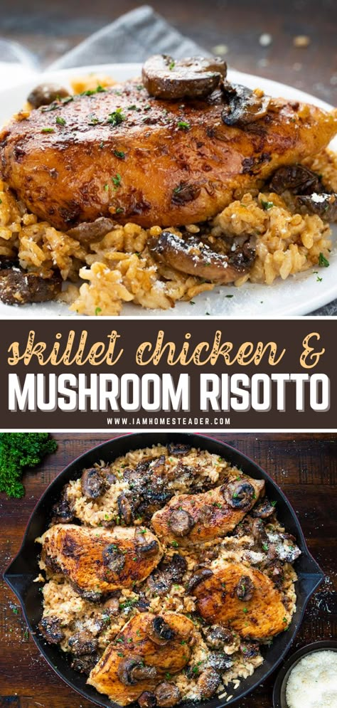 Risotto With Chicken And Mushrooms, Chicken Thigh Risotto Recipes, Risotto Chicken Mushroom, Chicken Mushroom Risotto Recipes, Mushroom Risotto With Chicken, Mushroom Chicken Risotto, Pulled Pork Tostadas, Chicken And Mushroom Rice, Chicken Mushroom Risotto