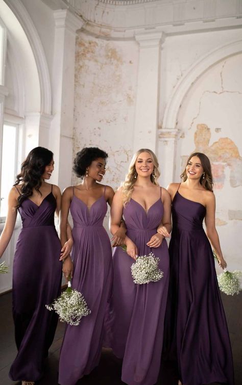 Purple Tones Bridesmaid Dresses, Dark Purple Satin Bridesmaid Dresses, Purple Satin Bridesmaid Dresses Long, Bridesmaid Dress Purple Lavender, Purple Flower Bridesmaid Dress, Deep Lilac Bridesmaid Dresses, Dark Purple Dress Bridesmaid, Dark Purple Bridesmaids Dresses, Purple Bridesmaid Dresses Aesthetic