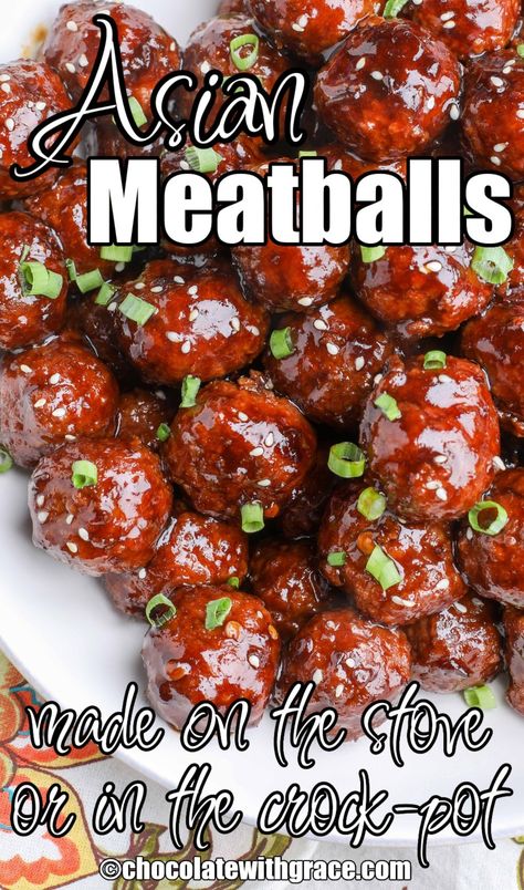 Sticky Asian Meatballs - Chocolate with Grace Sticky Mongolian Beef Meatballs, Mongolian Meatballs Recipe Crockpot, Korean Meatballs Crockpot, Asian Meatball Recipes Crockpot, Asian Zing Meatballs, Mongolian Meatballs Crock Pot, Thai Meatball Recipes, Chinese Meatballs Asian Style, Asian Meatball Sauce