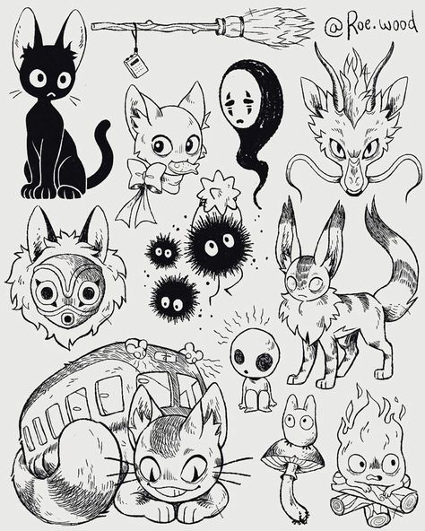 Things To Draw On Flash Cards, Anime Flash Tattoo Ideas, Kawaii Tattoo Ideas Black And White, Studio Ghibli Tattoo Design, Anime Flash Art, Studio Ghibli Art Draw, Studio Ghibli Drawing Sketches, Minimalist Anime Tattoos, Cute Witchy Tattoos