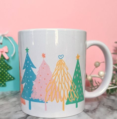 Sublimation Inspiration, Tree Tags, Christmas Glasses, Pretty Mugs, Mug Press, Mug Art, Colorful Trees, Sublimation Mugs, Cute Mugs