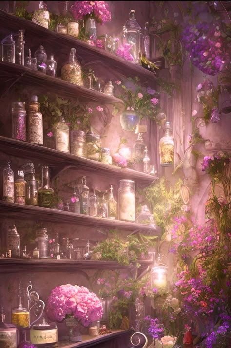 Apothecary Aesthetic Wallpaper, Herbs And Potions Aesthetic, Potion Greenhouse, The Lost Apothecary Fanart, Fantasy Potion Shop Concept Art, Light Apothecary Aesthetic, Fantasy Flowers Aesthetic, Fantasy Medicine Aesthetic, Flower Fantasy Aesthetic