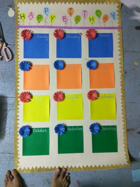 Classroom birthday chart. Simple Birthday Chart For Classroom, Birthday Charts For Classroom Ideas, Birthday Corner Classroom Ideas, Birthday Charts For Kindergarten, Craft Ideas For Birthday, Encanto Classroom, Birthday Chart For Preschool, Birthday Display Board, Wine Bottle Holder Diy