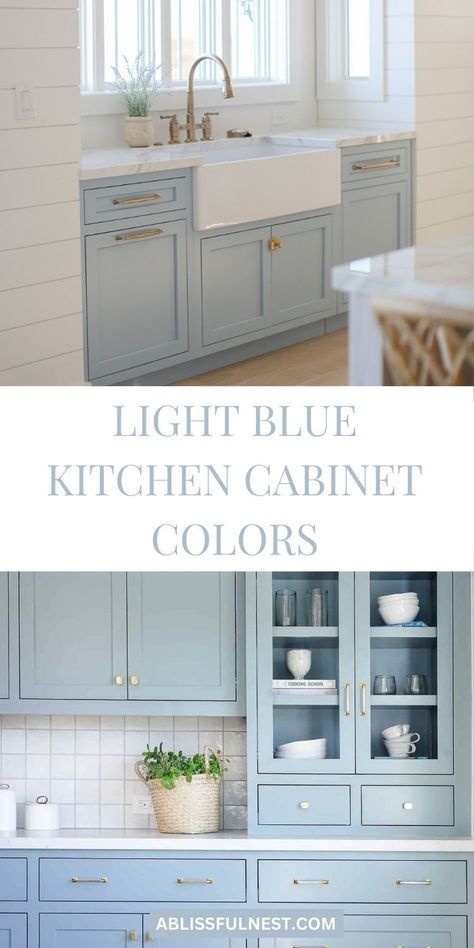 You might want to consider adding a light blue kitchen cabinets to create a fresh, calming atmosphere. This elegant hue brings sophistication and warmth to your kitchen. Whether you choose all-over blue or pair it with neutrals, the result will be beautiful. Explore these ideas to transform your kitchen into a serene, stylish space. #kitchenstyle #paintcolors #ABlissfulNest Light Blue Lower Cabinets White Upper, Blue Kitchen Apartment, Kitchens With Light Blue Cabinets, Light Blue Cabinet Colors, Blue Beach Kitchen, Sky Blue Kitchen Cabinets, Pastel Blue Paint Colors, White And Light Blue Kitchen, Light Blue Cupboards