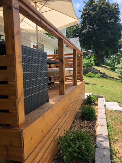 Wood Post Cable Railing, Wood Cable Railing Deck, Cable Railing With Wood Posts, Metal Cable Railing Outdoor, Wired Deck Railings, Wood And Cable Deck Railing, Wire Handrail Deck, Wire Front Porch Railing, Backyard Deck Railing Ideas