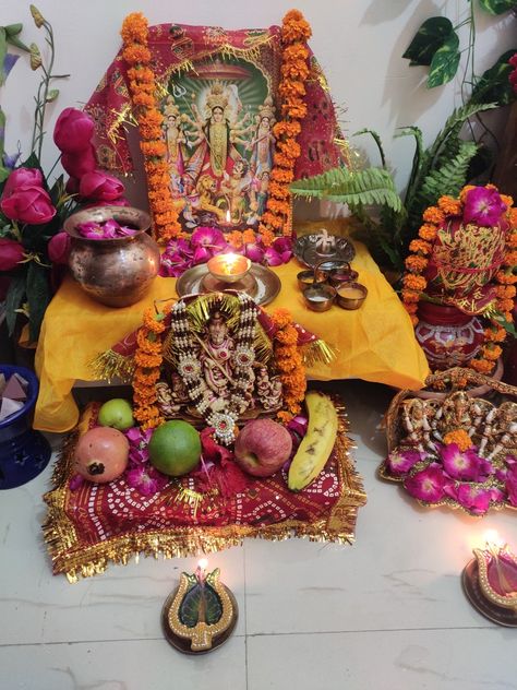 #navratri #durgapuja #ghatasthapna Durga Puja At Home, Navratri Puja At Home, Navratri Home Decor, Navratri Puja Decoration At Home, Durga Puja Decoration Ideas At Home, Navratri Theme Decoration, Navratri Decoration Ideas For Home, Puja Decoration