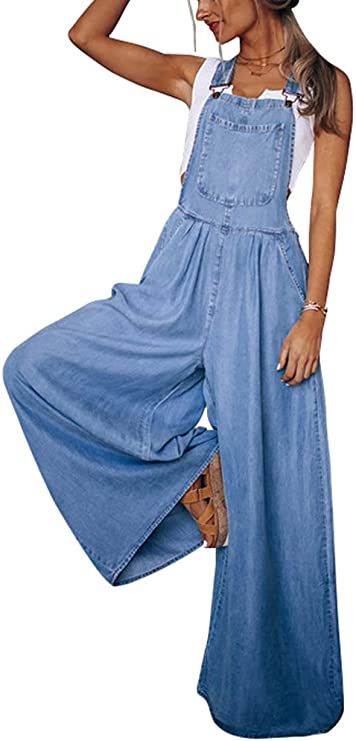 Amazon.com: chouyatou Women's Loose Adjustable Strap Wide Leg Denim Bib Overall Jeans Pants : Clothing, Shoes & Jewelry Teacher Fits, Denim Romper, Bib Overalls, Long Jumpsuits, Teacher Outfits, Denim Overalls, Denim Jumpsuit, Wide Leg Denim, Wide Leg Jumpsuit